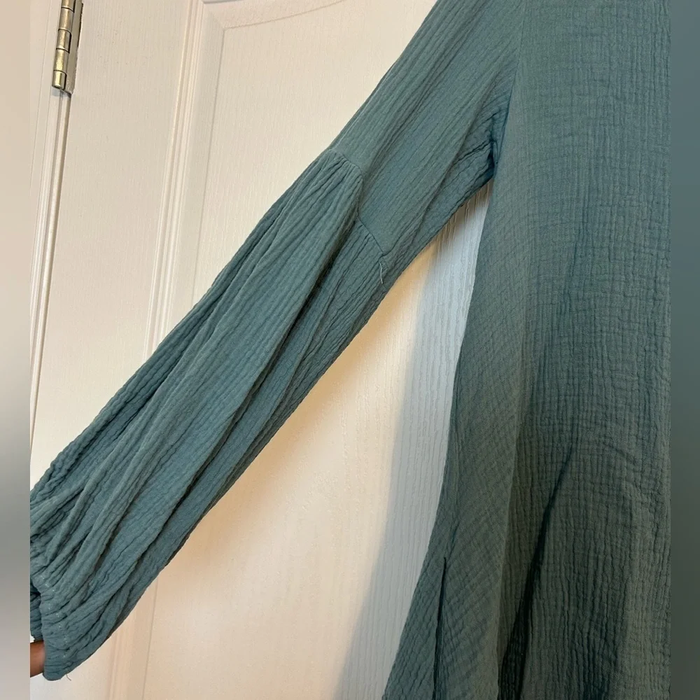 Cotton Buttons Gauzy Oversized Pockets Lantern Sleeve Frayed Edge Dress Size S - Picture 3 of 4